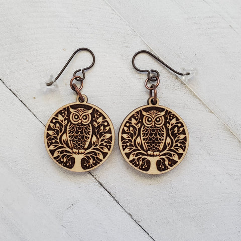 Owl In Tree Dangle Earrings, Owl Engraved Dangle Earrings, Owl Lover Gift, Cottagecore Wooden Owl Jewelry, Gift for Mom or Bestie Birthday