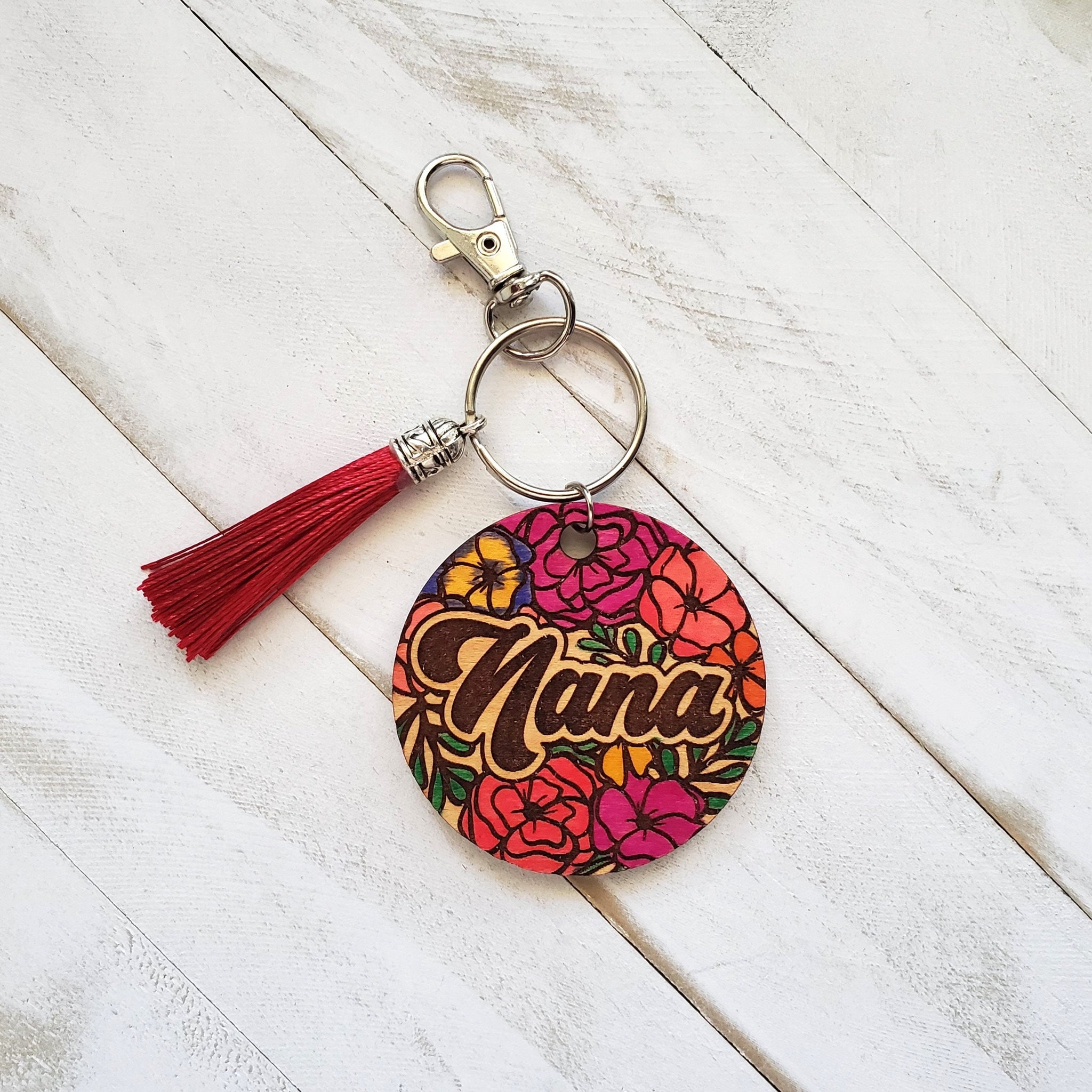 Nana Floral Wooden Keychain, Floral Purse Charm for Grandma, Mother's Day Gift from Grandchildren, Birthday Gift for Nana