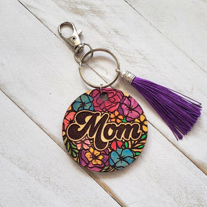 Mom Floral Wooden Keychain, Floral Watercolor Purse Charm for Mom, Mother's Day Gift, Appreciation for Mom Bag Charm