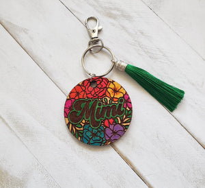 Mimi Floral Wooden Keychain, Floral Purse Charm for Grandma, Mother's Day Gift from Grandchildren, Birthday Gift for Nana