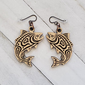 Tribal Fish Dangle Earrings, Jumping Salmon Engraved Wooden Earrings, Boho Jewelry, Gift for Sportswoman, Bestie Gift, Nature Lover Earrings