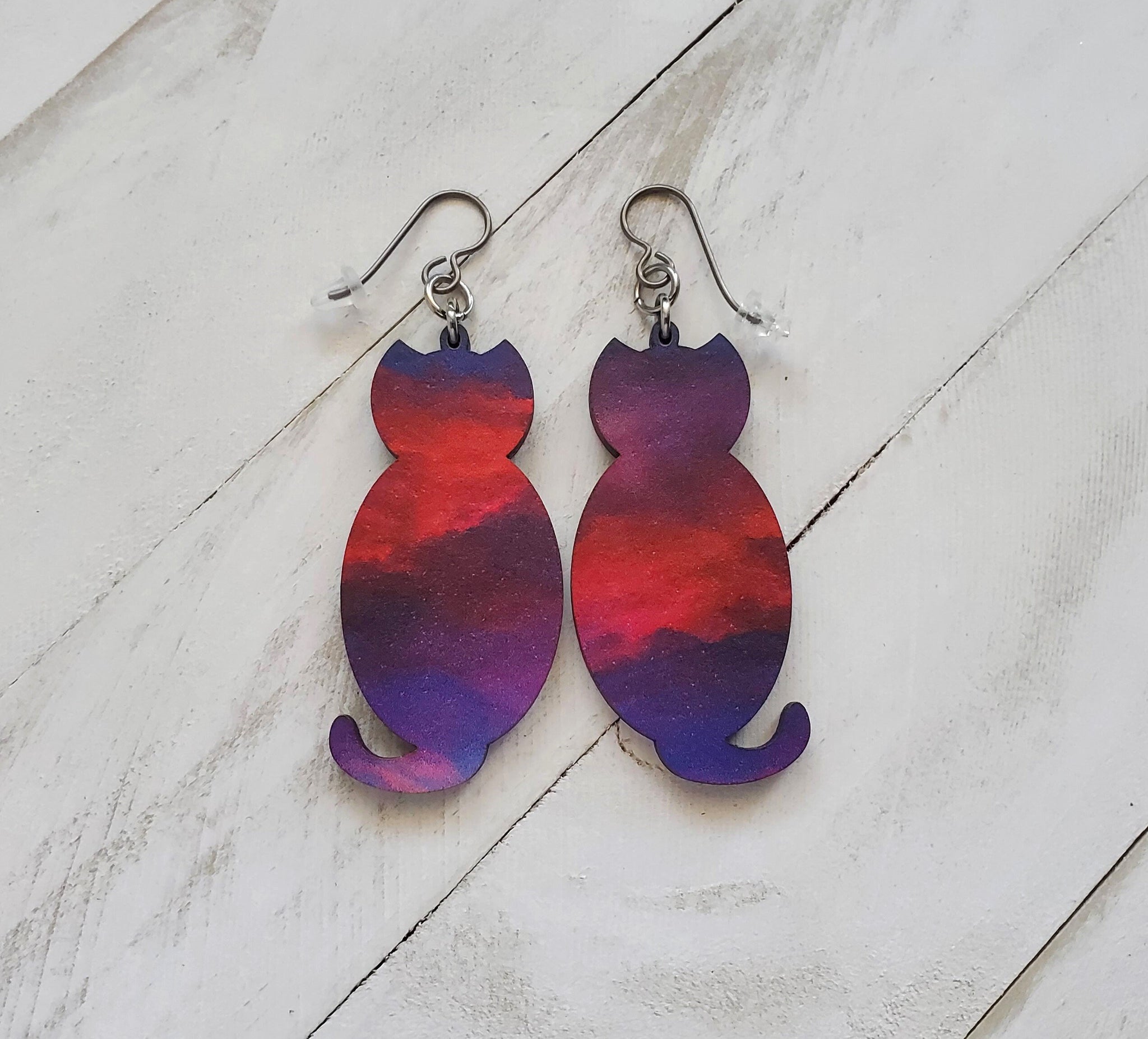 Sunset Cat Dangle Earrings, Southwest Sunset Cat Lightweight Wood Earrings, Gift For Cat Lover, Bestie Birthday Gift, Mother's Day Jewelry