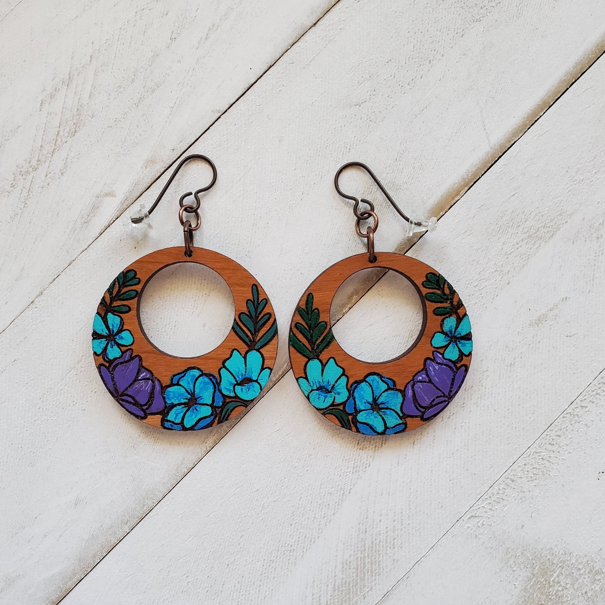 Blue Floral Dangle Earrings, Floral Summer Wooden Earrings, Boho Jewelry, Mother's Day Gift, Birthday Gift for Her, Bestie Gift