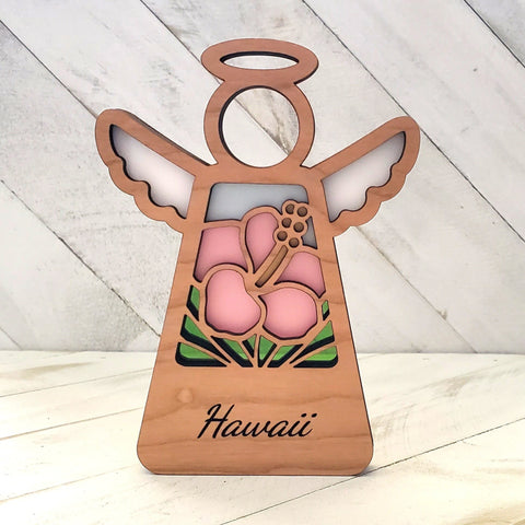 Pink Hibiscus Hawaii Flower Angel Suncatcher Shelf Sitter Ornament, Tropical Hibiscus Decor, Souvenir From Hawaii, Gift for Bestie