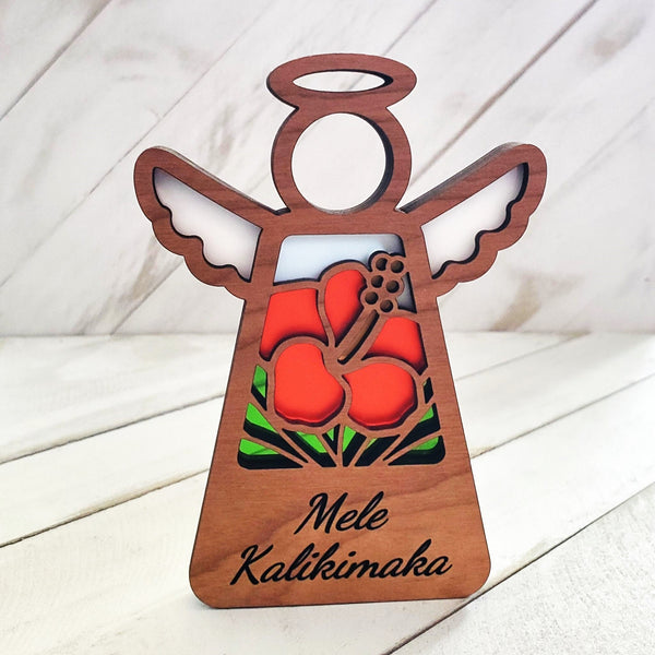 Mele Kalikimaka Red Hibiscus Angel Suncatcher, Hibiscus Shelf Sitter Ornament, Tropical Floral Decor, Souvenir From Hawaii, Bestie Gift