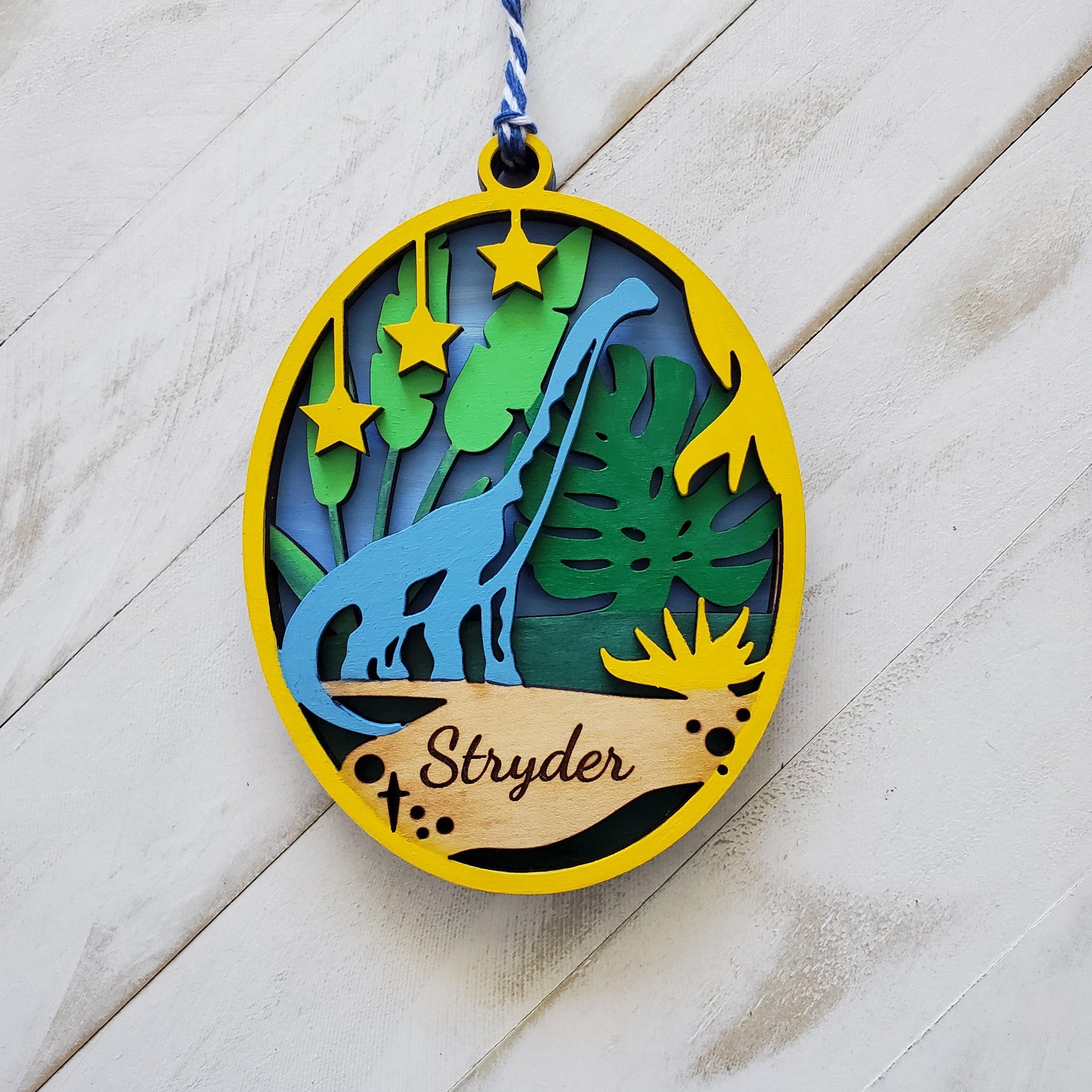 Brontosaurus Ornament, Children's Personalized Dinosaur Ornament, 3 Layer Wooden Dinosaur Oval, Christmas Stocking Gift for Dinosaur Lover.