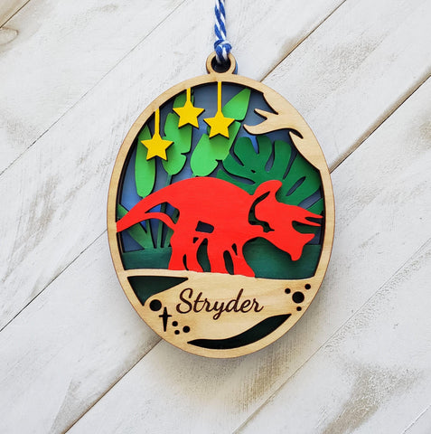 Triceratops Ornament, Children's Personalized Dinosaur Ornament, 3 Layer Wooden Dinosaur Oval, Christmas Stocking Gift for Dinosaur Lover.