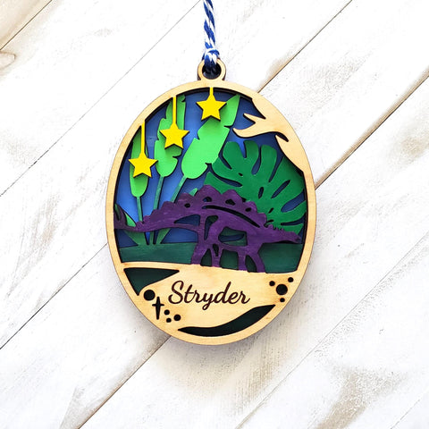 Stegosaurus Ornament, Children's Personalized Dinosaur Ornament, 3 Layer Wooden Dinosaur Oval, Christmas Stocking Gift for Dinosaur Lover.