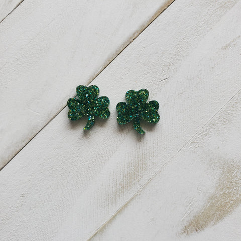 Green Glitter Celtic Shamrock Clover Stud Earrings