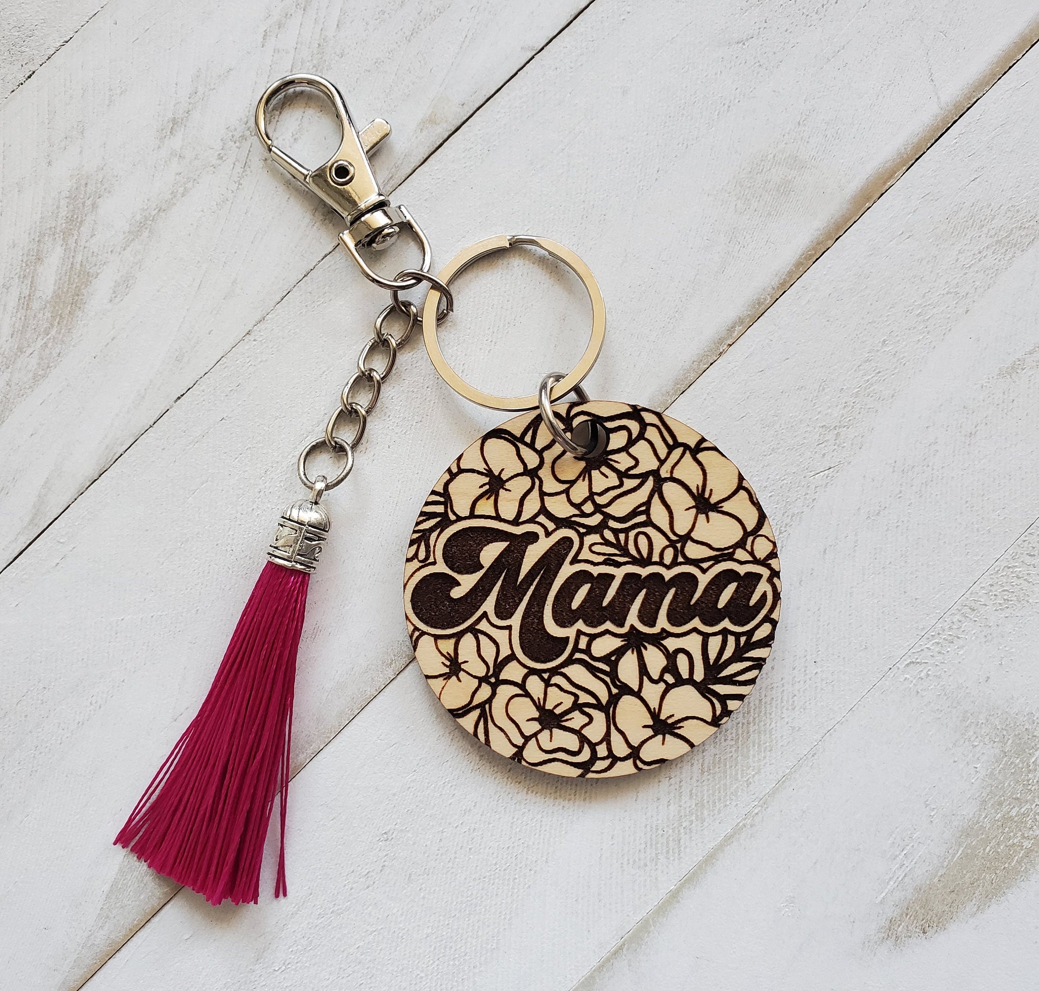 Mama Floral Wooden Keychain