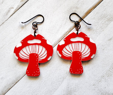 Red & White Acrylic Button Mushroom Dangle Earrings