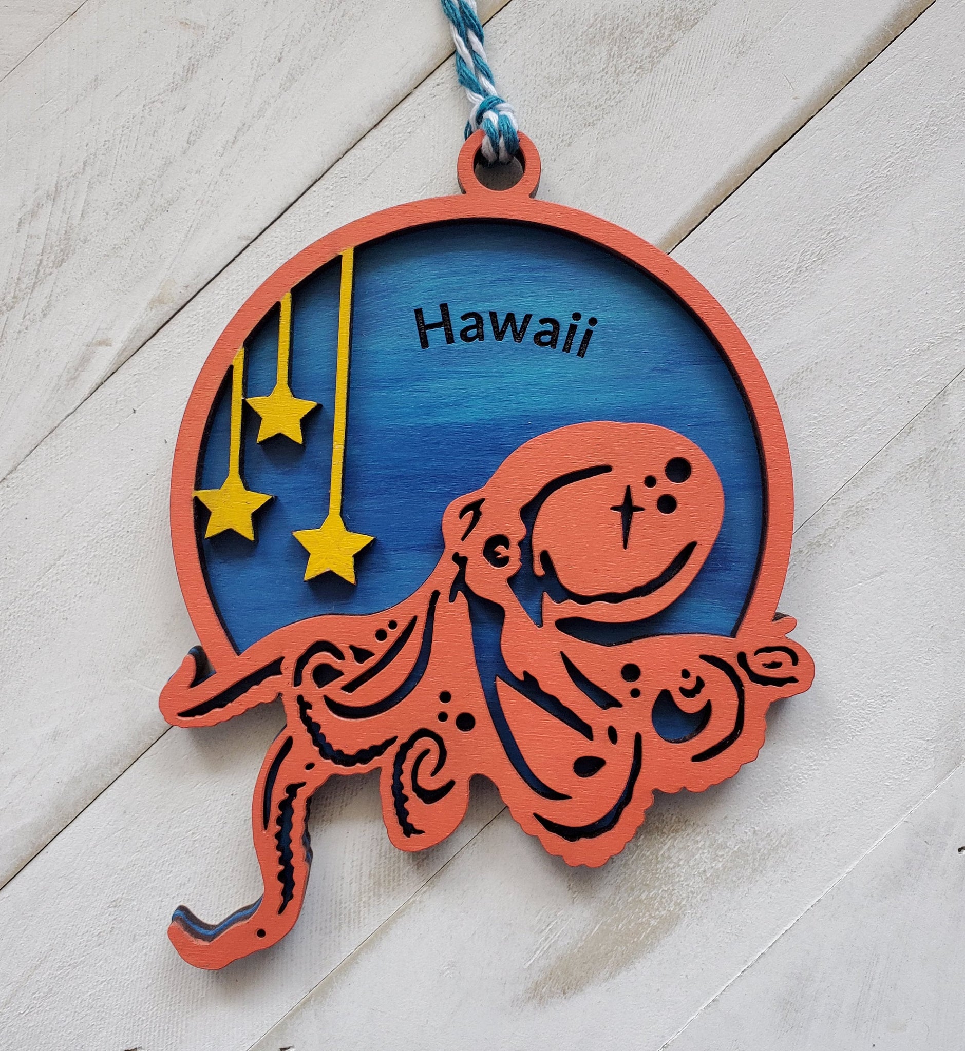 Octopus Hawaii Personalized Ornament, 2 layer wooden hand-painted gift for beach lover, Hawaii Souvenir made with aloha in Hawaii