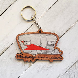 Happy Camper Keychain, Retro Camper Wooden Keychain, Camper RV Keychain, Gift for Camping Friends and Family