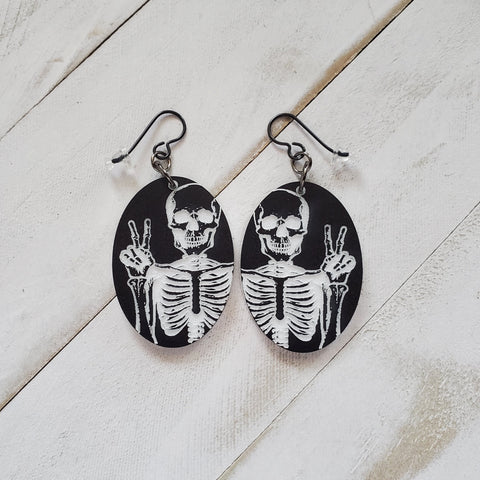 Skeleton Peace Sign Earrings, Acrylic Skeleton Dangle Earrings, Fun Spooky Halloween Jewelry, Cottagecore Goth Earrings, Gift for Her