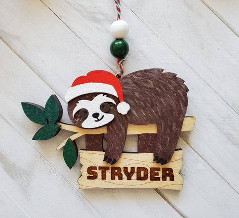 Sloth Santa Hat Personalized Christmas Ornament, Sloth Children's Ornament, Gift for Son or Daughter, Gift for Sloth Lover