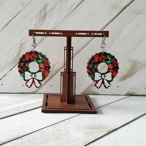 Wreath Dangle Earrings, Acrylic Poinsettia Stained Glass Look Dangle Earrings, Christmas Wreath Earrings, Gift for Her