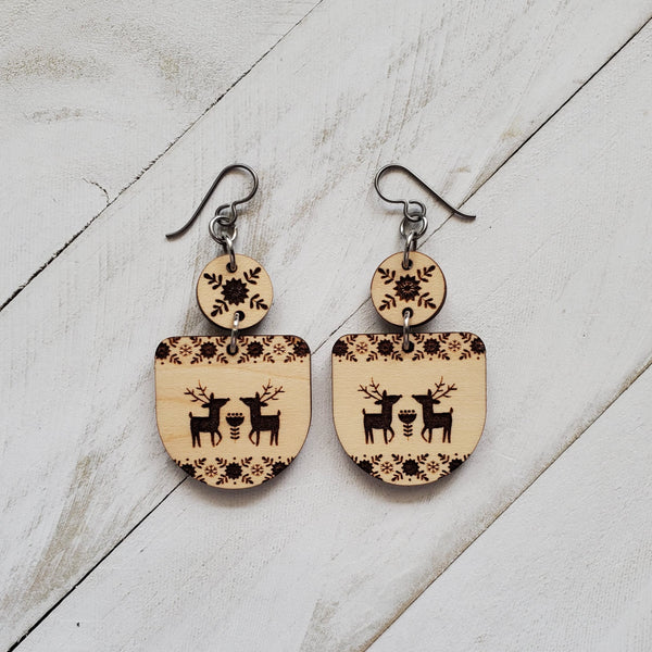 Scandinavian Deer Dangle Earrings, Scandinavian Engraved Wooden Earrings, Christmas Winter Jewelry, Gift for Her