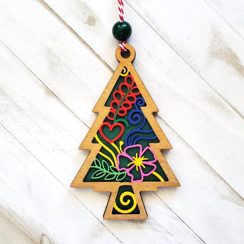 Tropical Floral Christmas Tree Ornament, 2 Layer Wooden Tropical Christmas Ornament, Gift for Tropical Island Lover, Gift for Bestie, Family