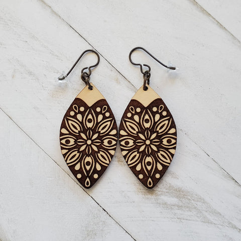 Geometric Floral Burst Dangle Earrings, Floral Reverse Engraved Wooden Earrings, Boho Jewelry, Gift for Her, Gift for Bestie