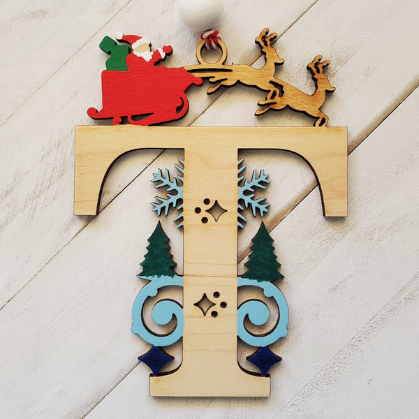 Christmas Initial T Santa and Reindeer Ornament, Wooden Decorative Initial Christmas Ornaments, Gift for Family, Friends or Secret Santa.