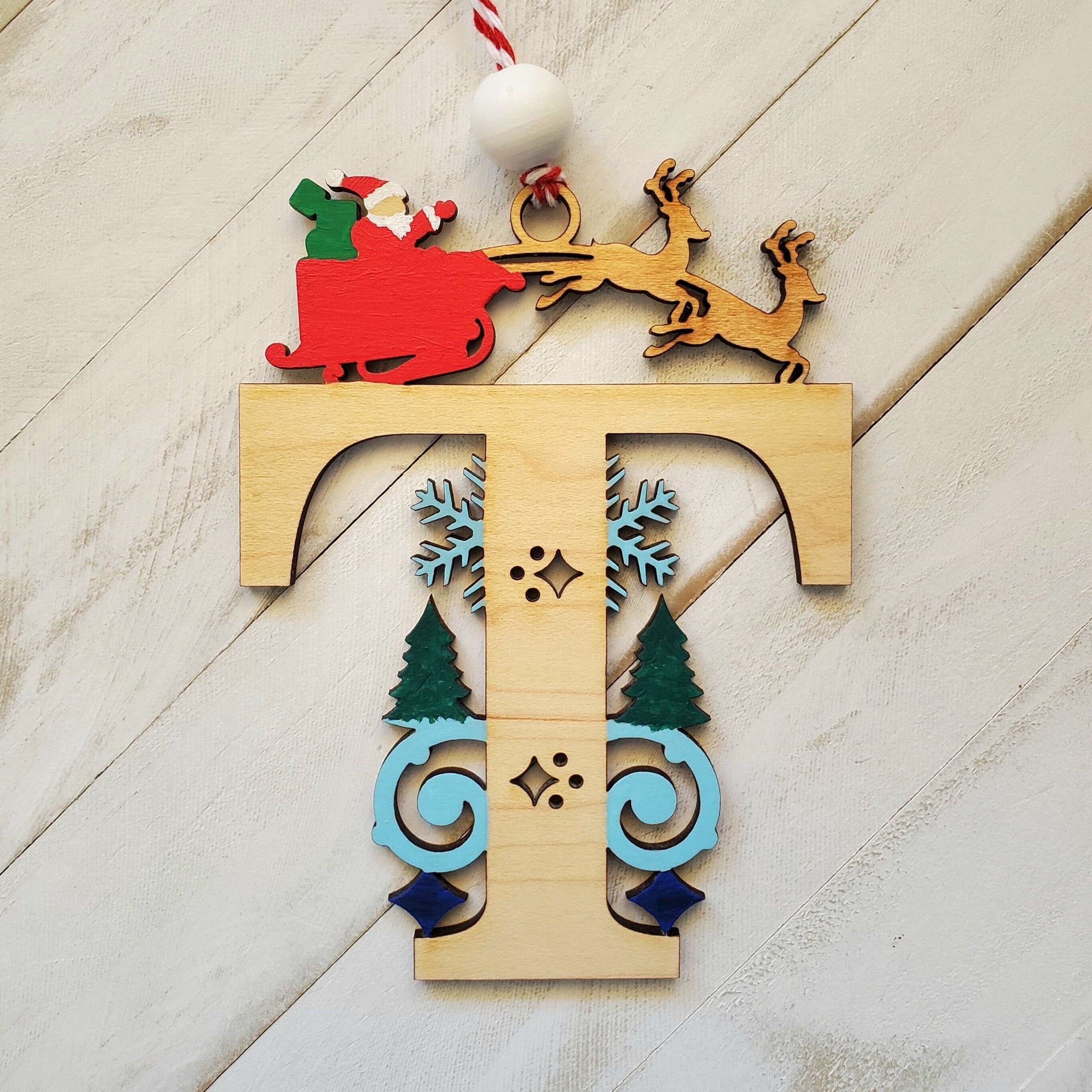 Christmas Initial T Santa and Reindeer Ornament, Wooden Decorative Initial Christmas Ornaments, Gift for Family, Friends or Secret Santa.