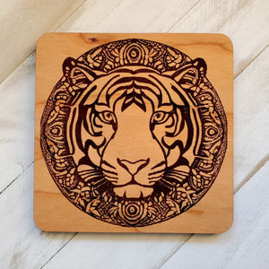 Tiger Engraved Wooden Coaster, Tiger Hot Beverage Coaster , Gift For Tiger Lover, Tropical Home Decor, Tiki Barware Bestie Gift